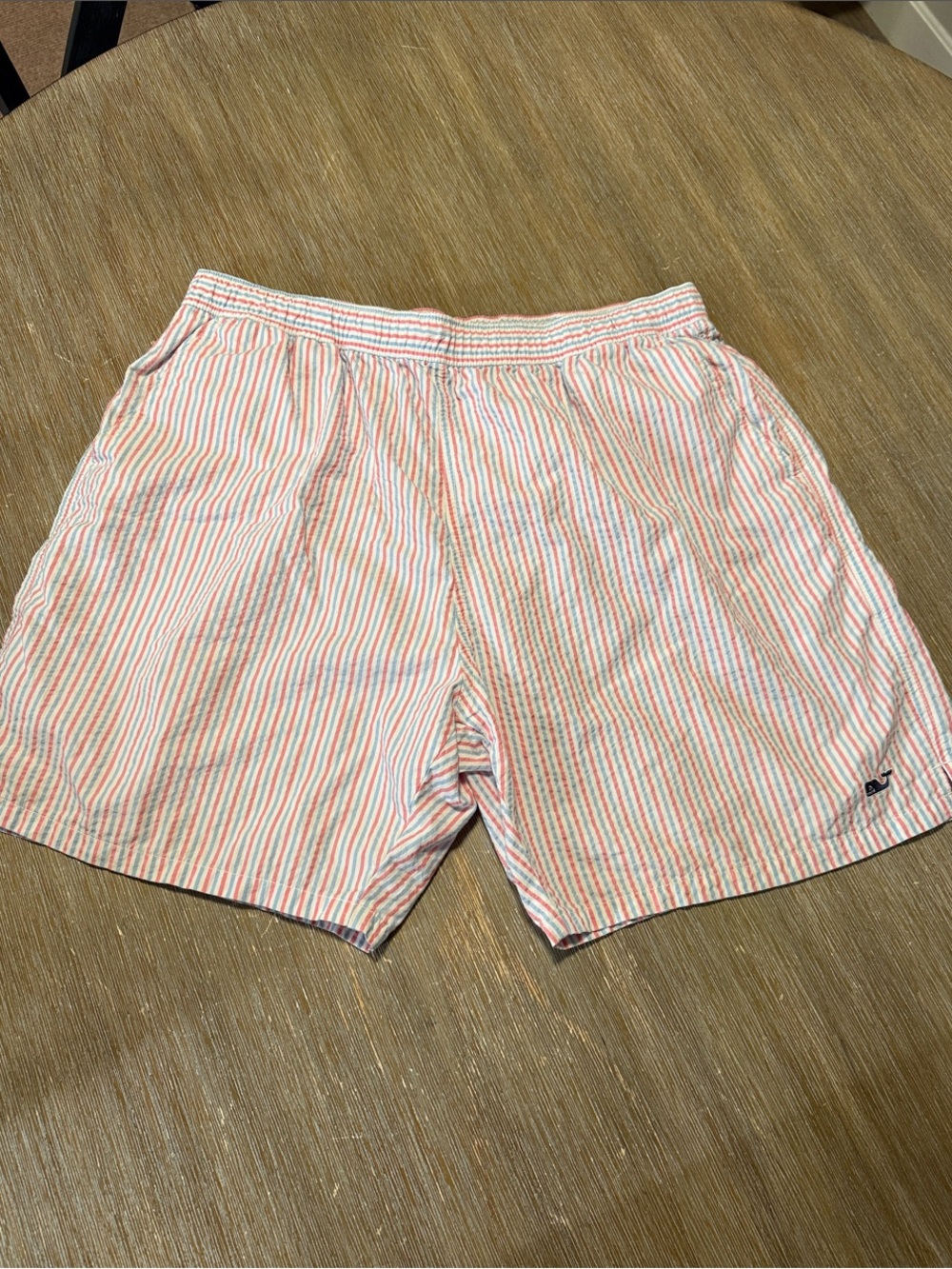 Vineyard Vines Pink and White Striped Seersucker Swim Trunks